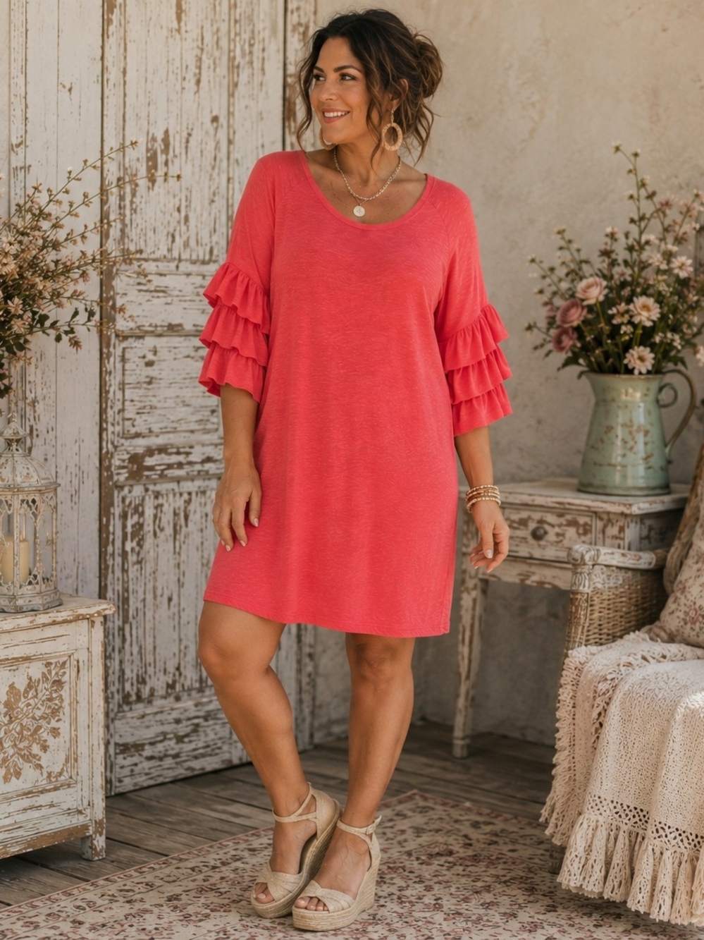 Umgee Coral Ruffle-Sleeve Shift Mini Dress 1X Boho, Festival, Romantic
